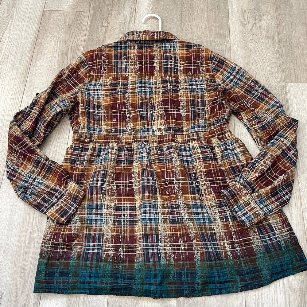 Plaid Peasant Top pintuck fit flare button up womens Brown (medium) boho folk - Picture 4 of 5